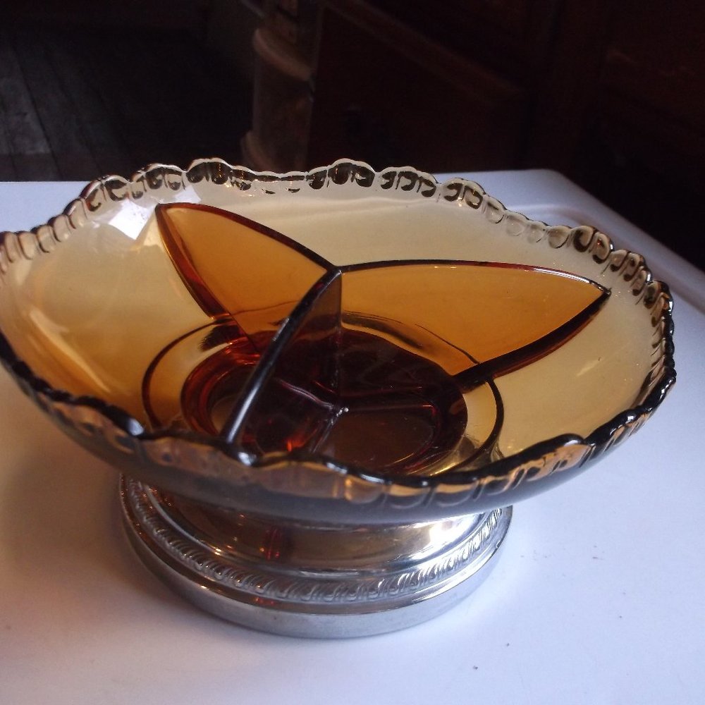 vintage amber glass & chrome divided dish